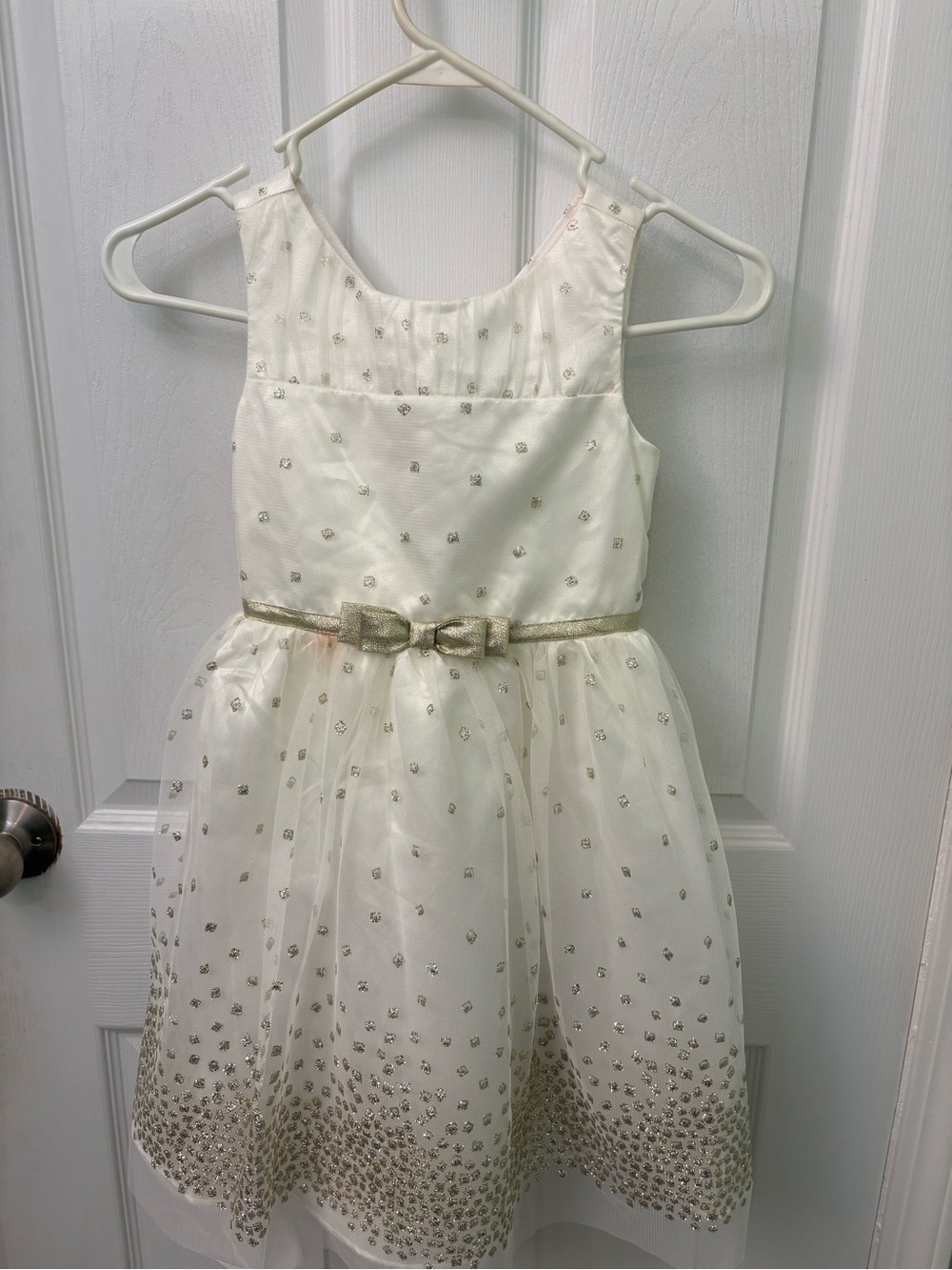 Jona Michelle White and Gold Bow Tulle Party Dress